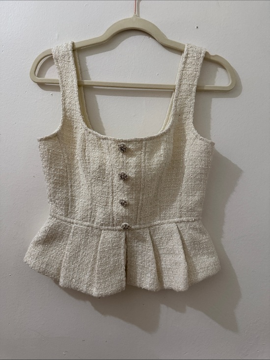 Mable Tops - Cream Textured Peplum Camisole with Decorative Buttons - Women